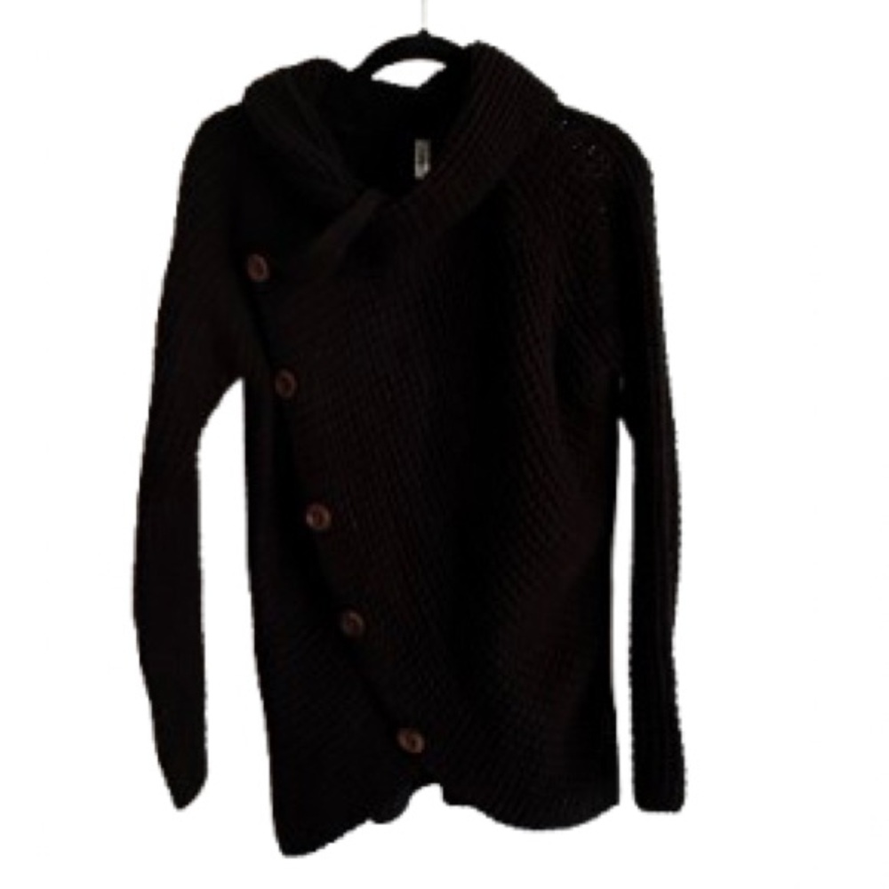 Cozy Asymmetric Button Cardigan - Black